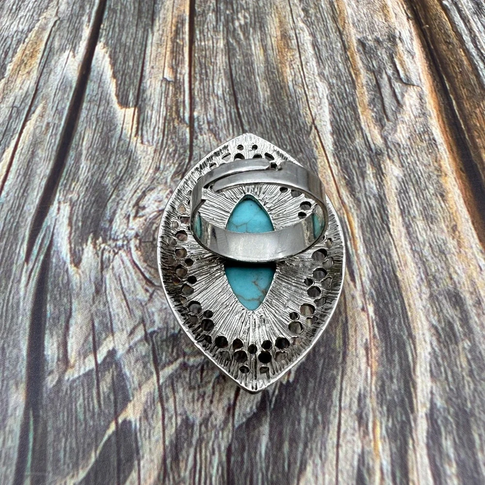 Boho Turquoise Oval Statement Ring Silver Tone Filigree Adjustable Vintage Gift